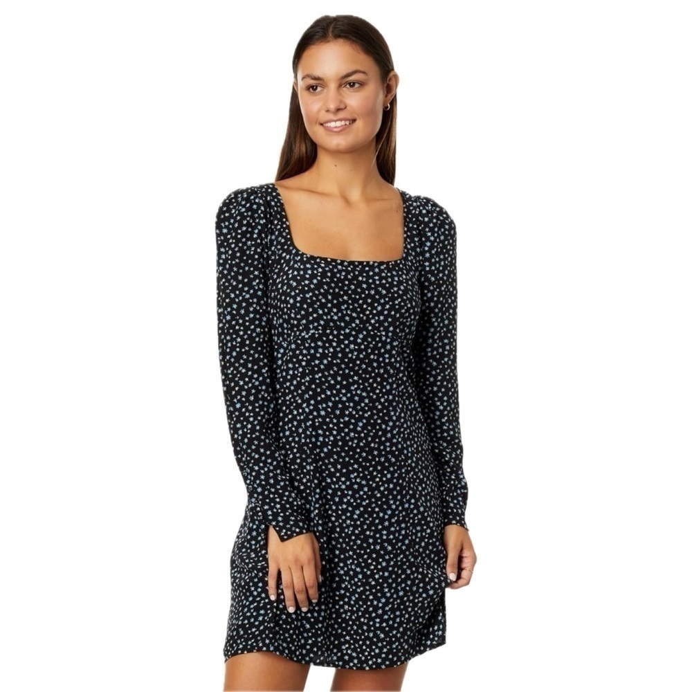 MADEWELL Seamed Long Sleeve Mini Dress in True Black Ditsy Floral Size 0